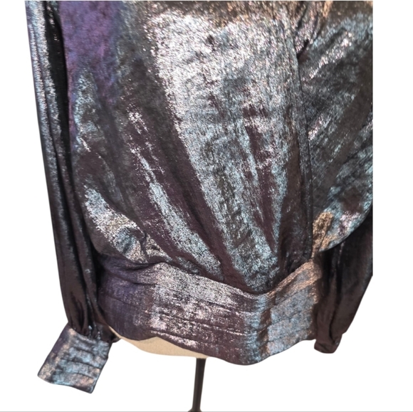 Express Metallic V-Neck Balloon Sleeve Faux Wrap Top Size Large New - Picture 3 of 13